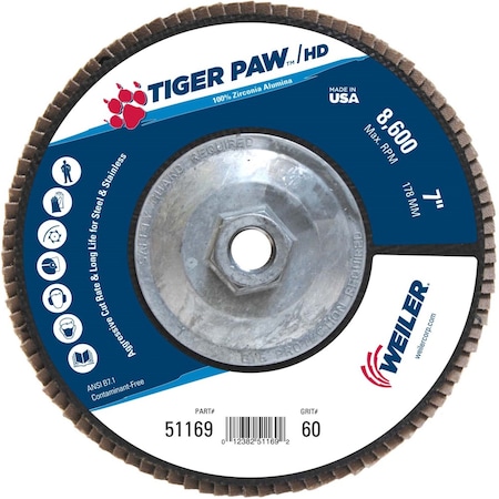 Weiler 7" Tiger Paw Density Flap Disc, Flat (TY27), 60Z, 5/8"-11 UNC 51169